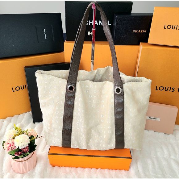 BVLGARI| Logo Mania Canvas and Leather Tote Bag| Women's Bag - Picture 5 of 13